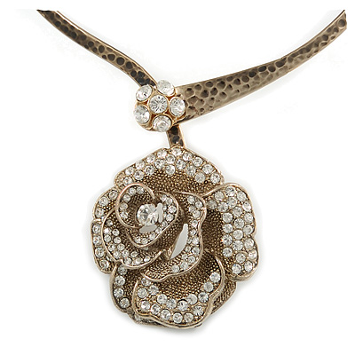 Large Dimensional Swarovski Crystal 'Rose' Pendant Collar Necklace In Burn Gold Finish - 38cm Length