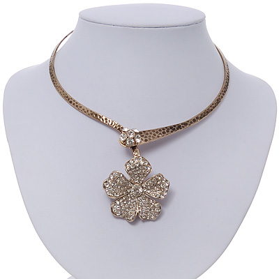 Clear Swarovski Crystal 'Flower' Pendant Hammered Collar Necklace In Burn Gold Finish - 38cm Length - main view