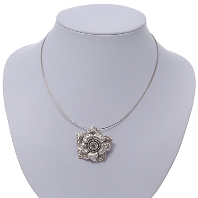 Crystal Layered Textured Rose Pendant Wire Choker Necklace In Silver Plating - 36cm Length/ 7cm Extension - main view