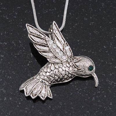 Burn Silver Diamante 'Bird' Pendant Necklace - 38cm Length/ 8cm Extension - main view