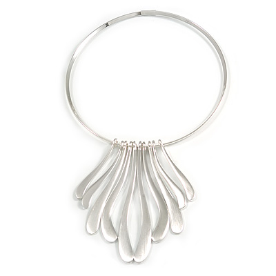 Brushed Silver Long Drops On The Bar Choker Necklace - 38cm Length/ 10cm Front Drop - main view