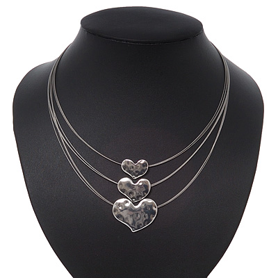 3 Strand 'Heart' Wire Necklace In Silver Plating - 36cm Length/ 6cm Extension