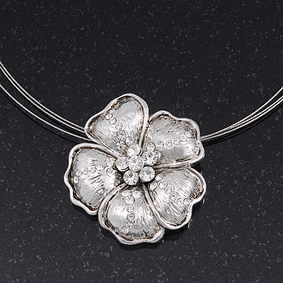 Diamante Textured 'Daisy' Pendant Wire Choker Necklace In Silver Plating - 36cm Length/ 7cm Extension - main view