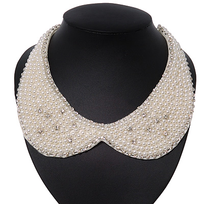 White Simulated Pearl Clear Crystal Felt Peter Pan Collar Necklace In Silver Plating - 28cm Length/ 7cm Extension - main view