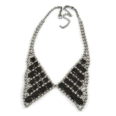 Clear Crystal/ Black Jewelled Peter Pan Collar Necklace In Gun Metal Finish - 36cm Length/ 11cm Extension - main view