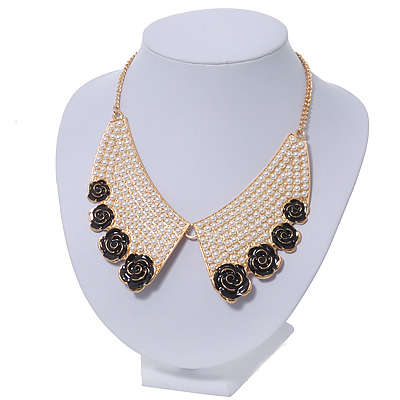 Black Enamel Rose Peter Pan Simulated Pearl Collar Necklace In Gold Plating - 38cm Length/ 6cm Extension