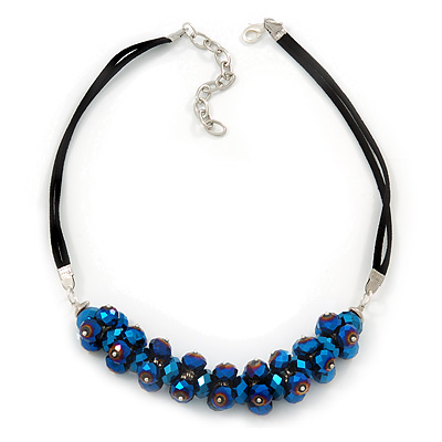 Chameleon Blue Cluster Glass Bead Black Suede Necklace In Silver Plating - 40cm Length/ 7cm Extender - main view