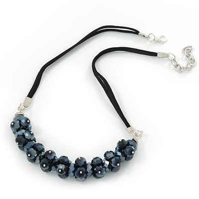 Mirrored Black Cluster Glass Bead Suede Necklace In Silver Plating - 40cm Length/ 7cm Extender