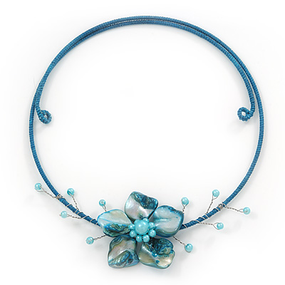 Light Blue Shell Flower Flex Wire Choker Necklace - Adjustable - main view