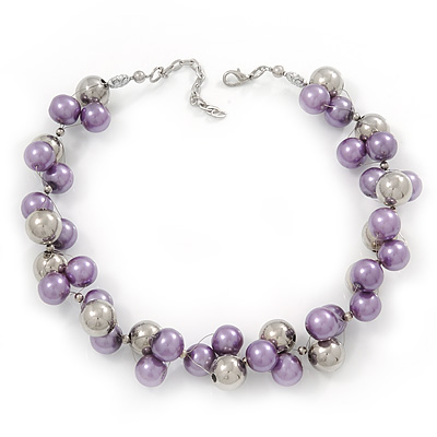 Purple/Mirrored Metallic Bead Cluster Choker Necklace - 38cm Length/ 5cm Extension - main view