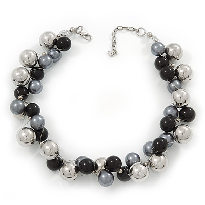 Black/Metallic/Grey Bead Cluster Choker Necklace - 38cm Length/ 5cm Extension - main view