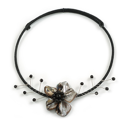Black/Grey Shell Flower Flex Wire Choker Necklace - Adjustable