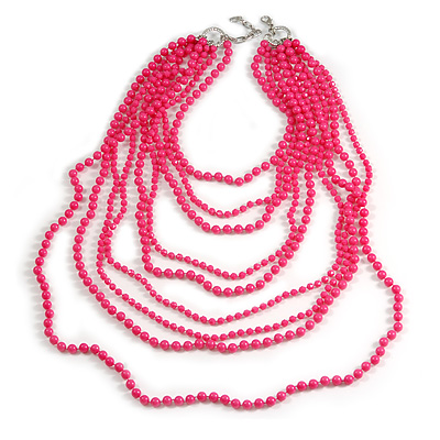 Long Layered Fuchsia Acrylic Bead Necklace In Silver Plating - 112cm Length/ 5cm Extension