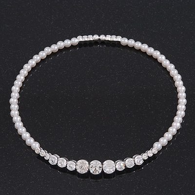 Clear Swarovski Crystal Faux Pearl Flex Choker Necklace In Rhodium Plating - Adjustable - main view