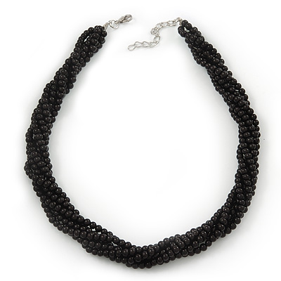 Black Glass Bead Multistrand Twisted Choker Necklace In Silver Plated Finish - 36cm Length/ 5cm Extension - main view