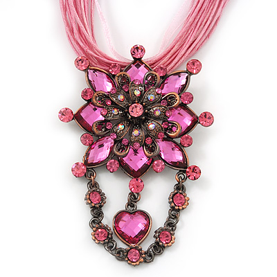 Pink Statement Diamante Charm Pendant Cord Necklace In Bronze Metal - 38cm Length/ 7cm Extension - main view
