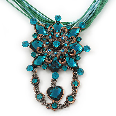 Teal Green Statement Diamante Charm Pendant Cord Necklace In Bronze Metal - 38cm Length/ 7cm Extension - main view