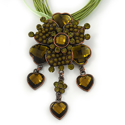 Olive Green Diamante Vintage Flower Pendant On Cotton Cords Necklace In Bronze Metal - 38cm Length/ 7cm Extension - main view