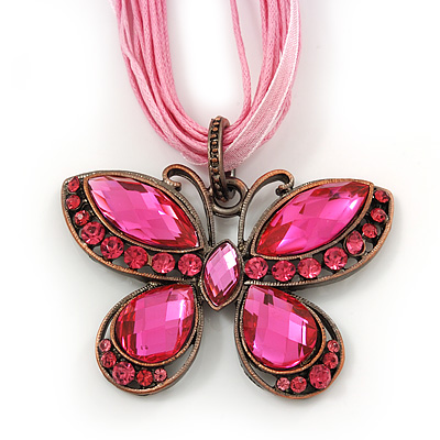 Baby Pink/ Deep Pink Diamante 'Butterfly' Cotton Cord Pendant Necklace In Bronze Metal - 38cm Length/ 8cm Extension