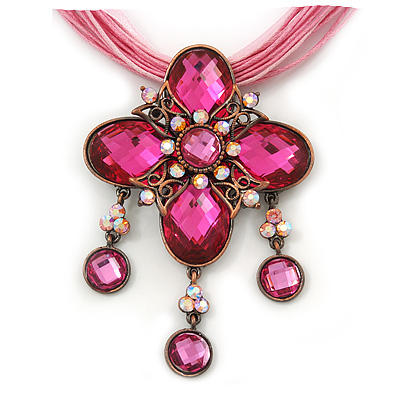 Vintage Pink Diamante 'Cross' Pendant Necklace On Cotton Cords In Bronze Metal - 38cm Length/ 7cm Extension