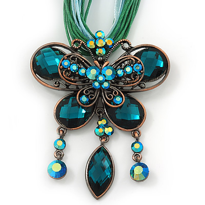 Teal Green Diamante 'Butterfly With Tail' Cotton Cord Pendant Necklace In Bronze Metal - 38cm Length/ 8cm Extension - main view