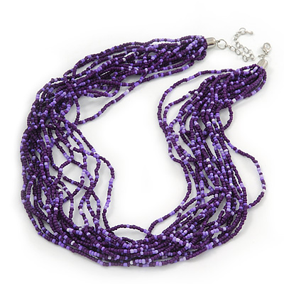 Purple Glass Bead Multistrand Necklace In Silver Plating - 42cm Length/ 6cm Extension - main view