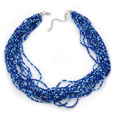 Blue Glass Bead Multistrand Necklace In Silver Plating - 42cm Length/ 6cm Extension