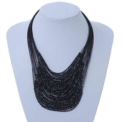 Black/ Grey Glass Bead Layered Necklace In Silver Plating - 54cm Length/ 6cm Extension - main view