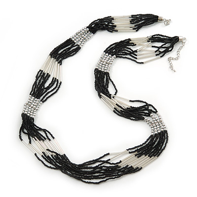 Multistrand Black & Silver Bead Necklace In Silver Tone Finish - 76cm Length/ 6cm Extension