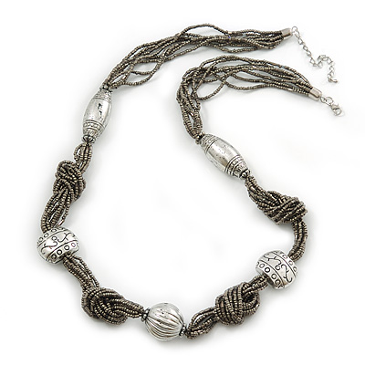 Beige Grey Glass Bead With Hammered Metal Station Long Necklace In Silver Tone Finish - 70cm Length/ 7cm Extension - main view