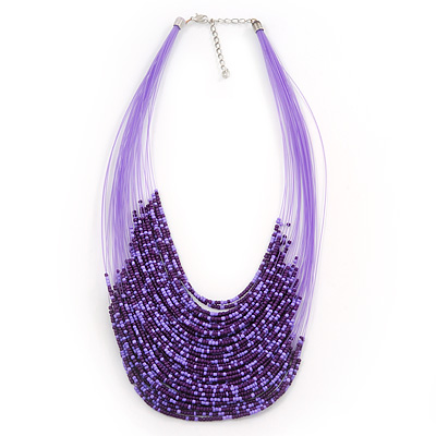 Purple Glass Bead Layered Necklace In Silver Plating - 54cm Length/ 6cm Extension - main view