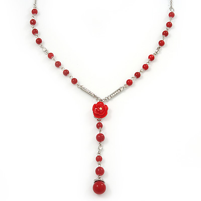 Y-Shape Red Resin Rose Bead Necklace In Rhodium Plating - 46cm Length/ 6cm Extension - main view