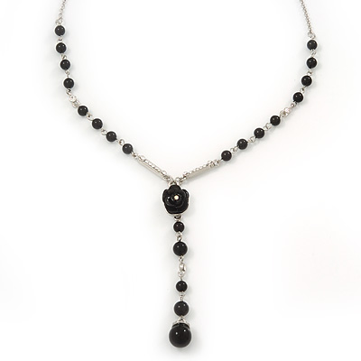 Y-Shape Black Resin Rose Bead Necklace In Rhodium Plating - 46cm Length/ 6cm Extension - main view