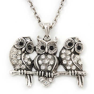 'Three Wise Owls' Long Diamante Pendant Necklace In Burn Silver Metal - 62cm Length/ 5cm Extension - main view