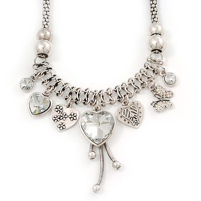Vintage Burn Silver Charm 'Heart&Butterfly' Mesh Necklace - 40cm Length/ 6cm Extension - main view