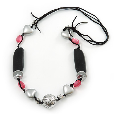 Long Pink Glass Bead and Silver Heart Acrylic Bead Necklace on Black Suede Cord - 100cm Length - main view