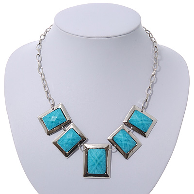 Light Blue Square Acrylic Bead Geometric Necklace In Silver Plating - 40cm Length/ 5cm Extension