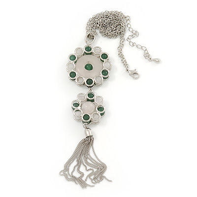 Green Jade/ Rose Quartz Stone 'Chain Tassel' Pendant Necklace In Rhodium Plating - 44cm Length/ 6cm Extension - main view