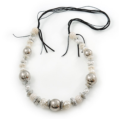 Long Faux Pearl and Silver Acrylic Bead Necklace On Black Cotton and Suede Cord - 100cm Length