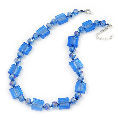 Sea Blue Glass Bead Necklace In Silver Plating - 42cm Length/ 6cm Extension - main view