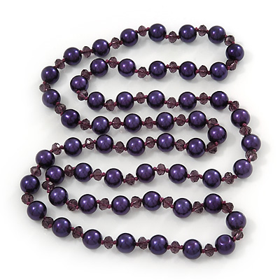 Long Purple Simulated Glass Pearl/Bead Necklace - 110cm Length
