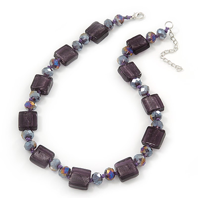 Purple Glass Bead Necklace In Silver Plating - 42cm Length/ 6cm Extension