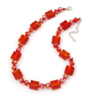 Carrot Red Glass Bead Necklace In Silver Plating - 42cm Length/ 6cm Extension - main view