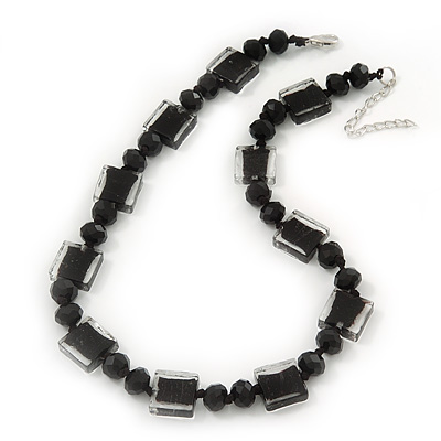 Black/Transparent Glass Bead Necklace In Silver Plating - 42cm Length/ 6cm Extension - main view
