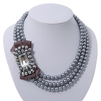 3-Strand Grey Glass Bead With Fabric Bow Necklace In Silver Plating - 40cm Length - main view
