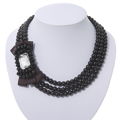 3-Strand Black Glass Bead With Fabric Bow Necklace In Silver Plating - 40cm Length - main view