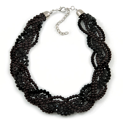 Luxurious Braided Black Bead Choker Necklace In Silver Plating - 36cm Length/5cm Extension