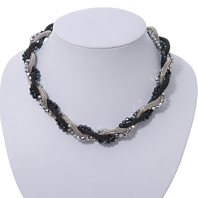 Black/Silver Mesh Chain Black/Grey Crystal Bead Choker Necklace - 36cm Length/ 4cm Extension - main view