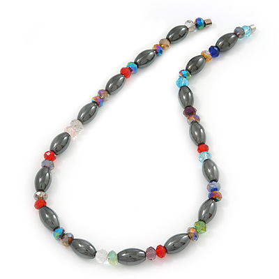 Stylish Oval Hematite/ Multicoloured Crystal Bead Magnetic Necklace - 40cm Length - main view