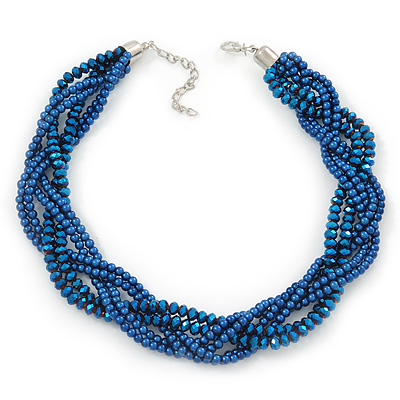 Luxurious Braided Blue Bead Choker Necklace In Silver Plating - 36cm Length/5cm Extension - main view